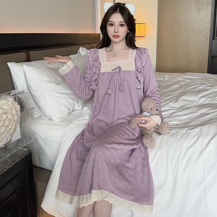 Женская пижама Sweet Princess Style с длинными рукавами - ночная рубашка больших размеров средней длины на весну и осень