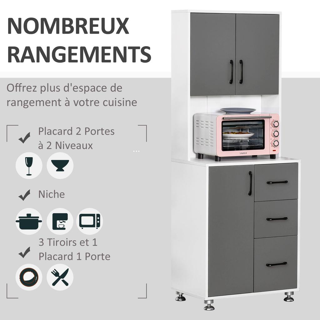 Modern Kitchen Cupboard with Storage Cabinets, 3 Drawers and Open Countertop for Living Room, Grey