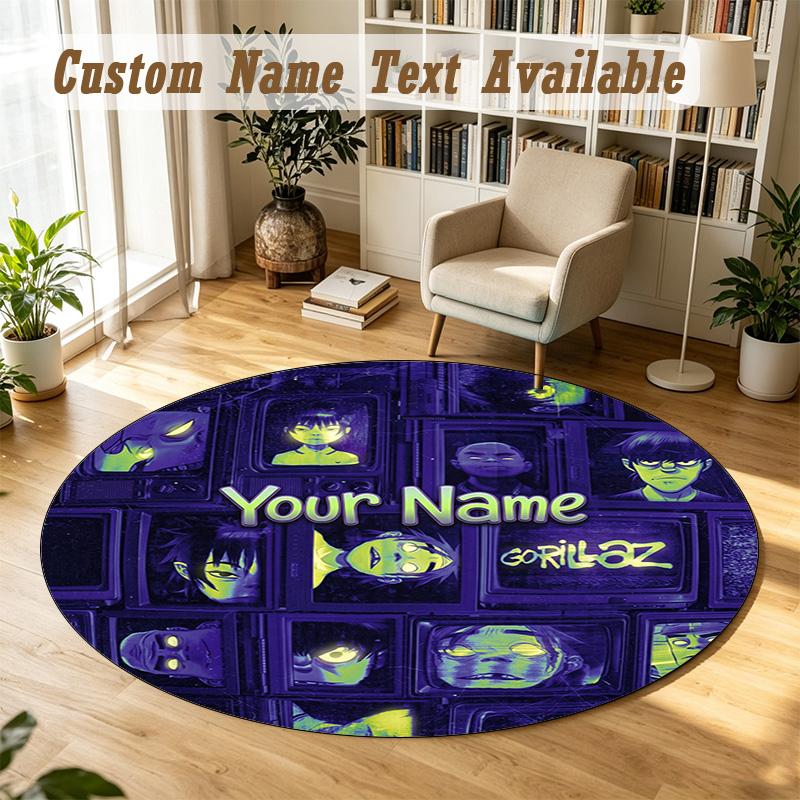 Gorillaz Personalized Round Rug Support Custom Name, Soft Home Decor Mat