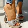 Fashion Trendy Fashion Female Bowknot Sexy Slippers 2025 Summer Slippers Women Platform Crystal Thick High Heels Shoes Woman