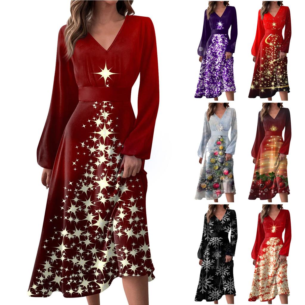 Women's Autumn And Winter Casual Fashion V-neck Long Sleeve Christmas Print Long Dress
