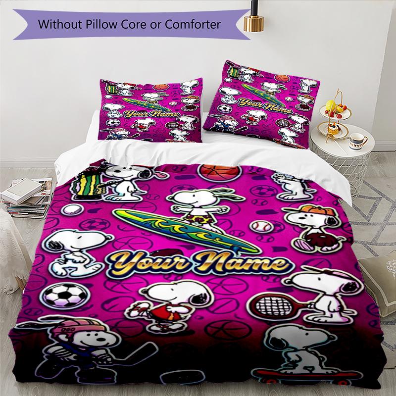 3pcs Custom Name Snoopy Sports Printed Bedding Set Duvet Cover Closure Includes 1 Duvet Cover & 2 Pillowcases, Soft and Comfortable for All Seasons.