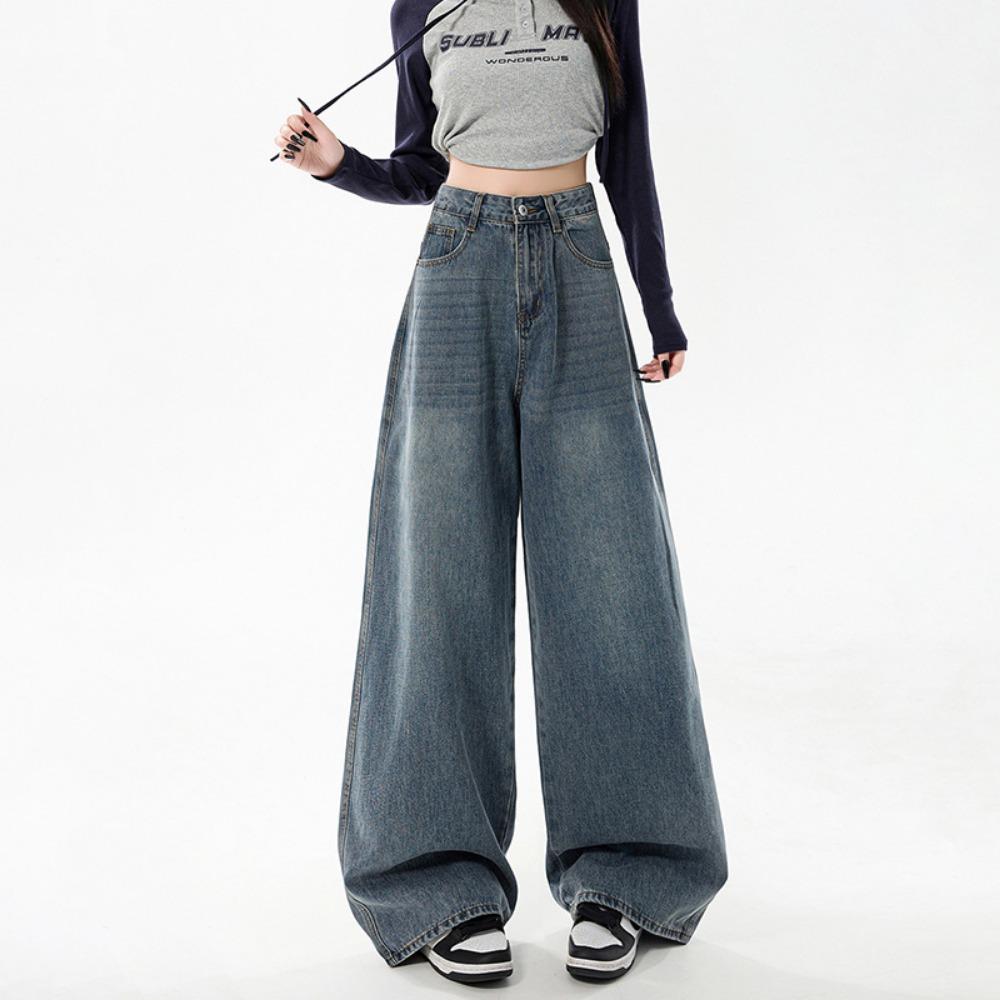 High Street Fashion Wide Leg Jeans Women's Spring and Autumn New High Waist Skinny Loose Straight Floor Mopping Jeans