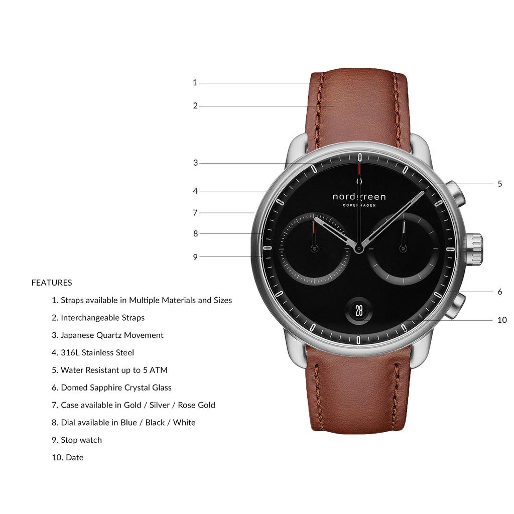 NORDGREEN Часы Pioneer скандинавского дизайна Sunray Brown коричневый кожаный 42 мм
