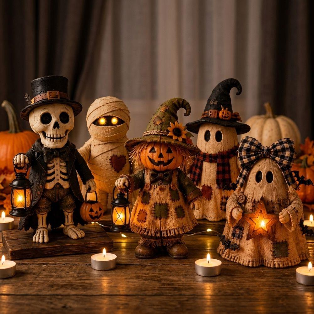2D Flat Halloween Wooden Lantern Ghost Figurine Double-Sided Print Vintage Plaid Bow Ghost Ornament Sturdy Base Fade-Resistant