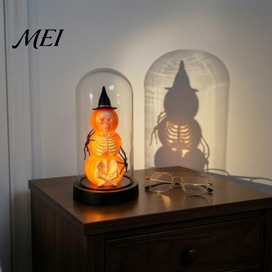 Halloween Souvenir Decor Pumpkin Skeleton Cloche Lamp, Lighted Stacking Skull in Clear Party Props Dome with Witch Hat for Tabletop Mantel, Figurine