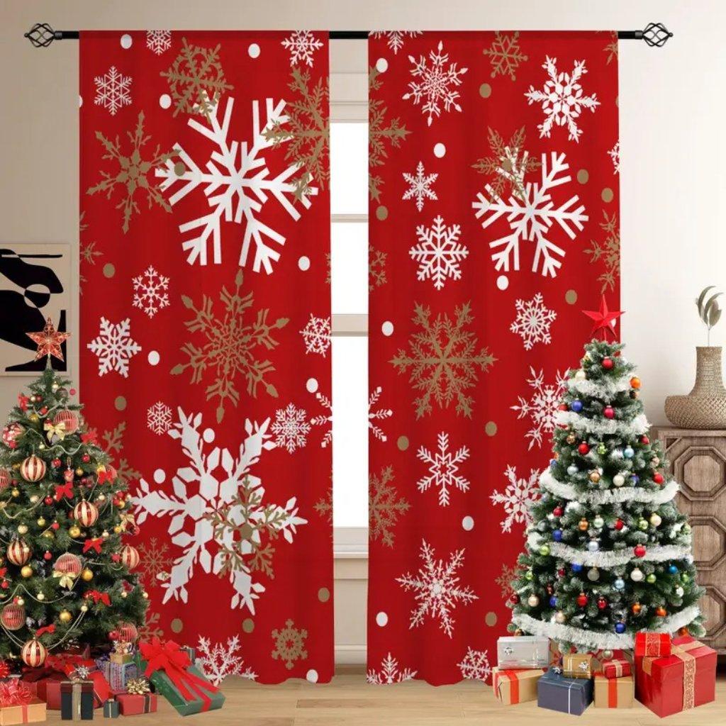 Красные рождественские праздничные шторы - полиэстеровые трикотажные тканые, полупрозрачные шторы с карманами для спальни и гостиной, праздничный Лан