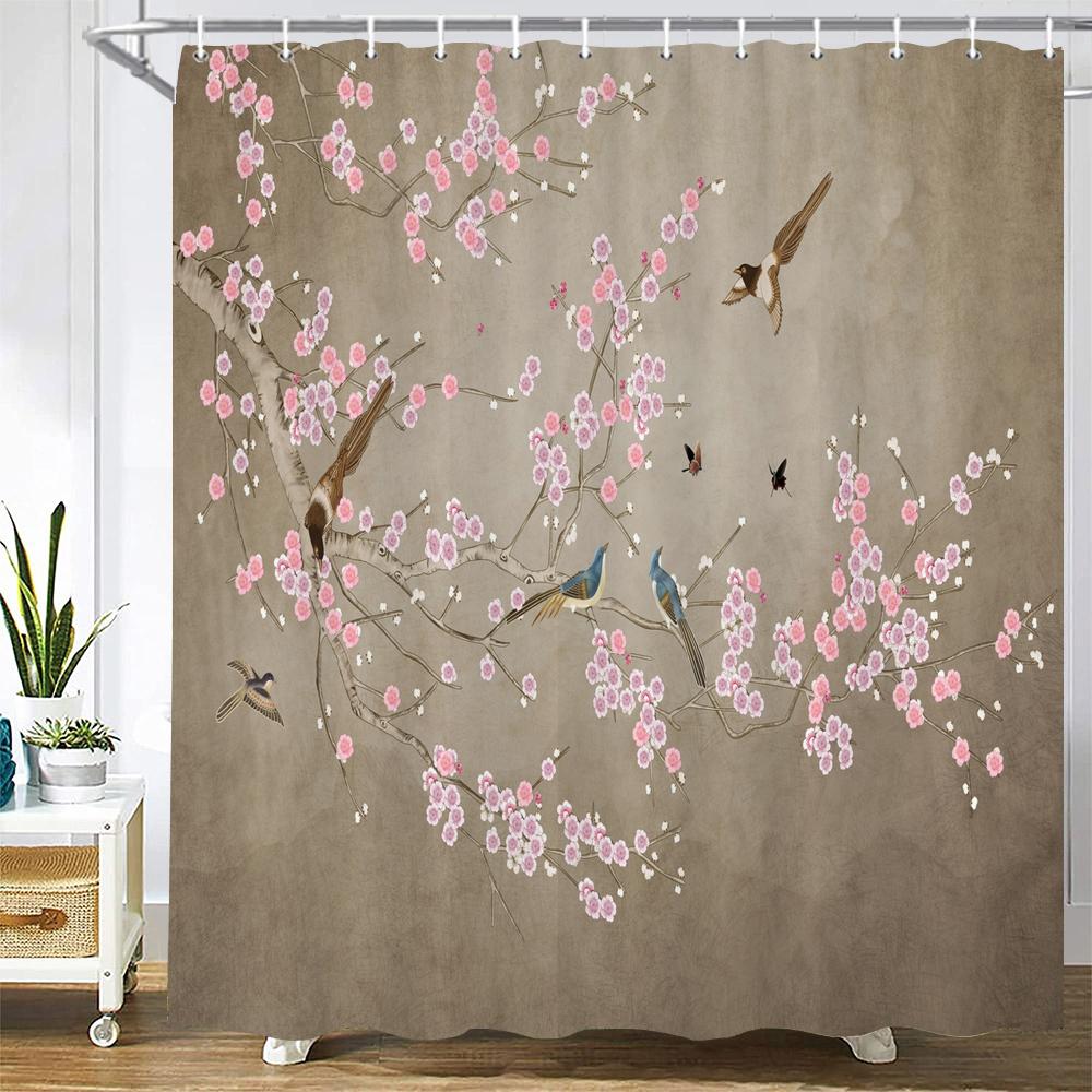 Занавеска для душа в китайском стиле с цветами и птицами, занавеска для ванной, водонепроницаемая занавеска для ванной комнаты с крючками, 3d печать, занавеска для ванны