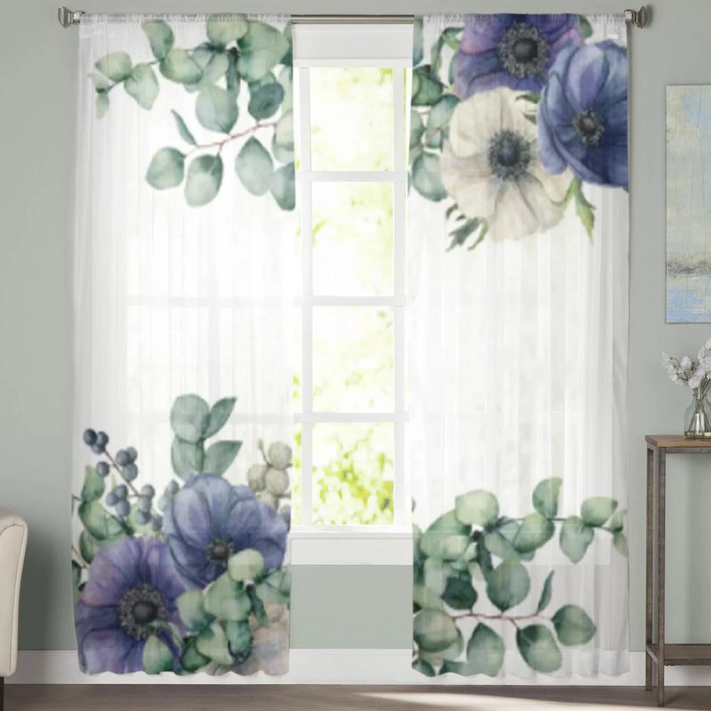 Прозрачные шторы с экзотическими цветами и листьями эвкалипта для спальни, гостиной, тюлевые шторы для кухни, вуаль, шторы