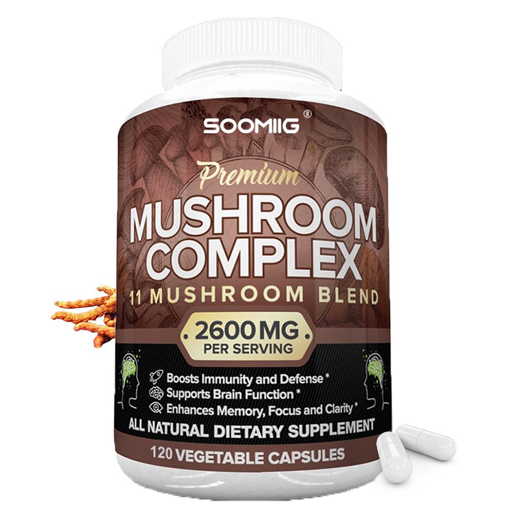 Soomiig Mushroom Complex 2600mg Capsules, 11 Blend, Cordyceps Reishi, 120 Caps