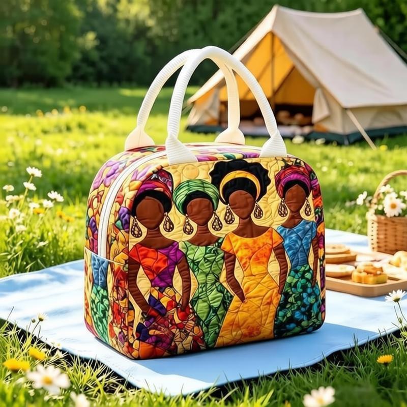 Quilted Lunch Bag Portable Insulated Tote Cartoon Print Food Storage