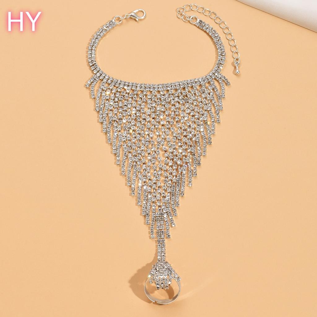 HY Wedding Party Crystal Long Tassel Chain Bracelet Hand Chain Finger Ring Bracelet Rhinestone Ring Bracelet for Women Teen
