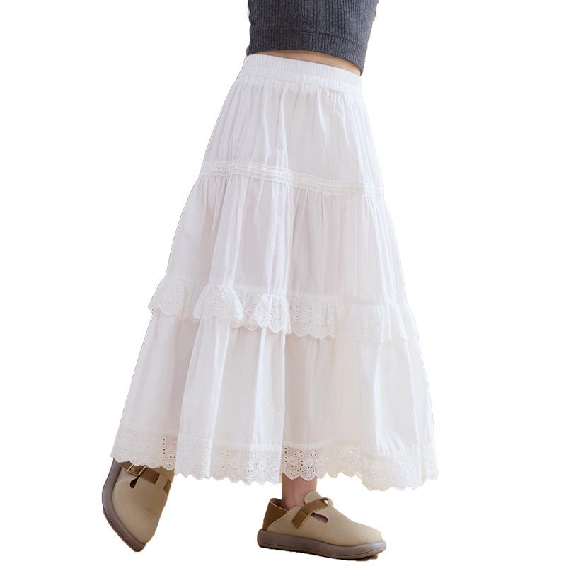 Длинная юбка-торт с кружевом для девочек с высокой талией - Белая Весна/Осень 2025