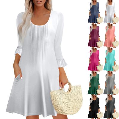 Женское летнее платье свободного покроя для пляжного отдыха, сарафан с коротким рукавом и круглым вырезом, с карманом, с коротким рукавом, платье-рубашка