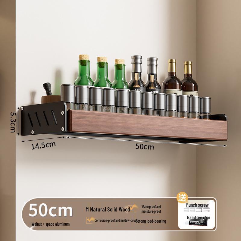 Punch-Free Wall-Mounted Walnut Kitchen Storage Rack: Multi-Layer Spice Shelf