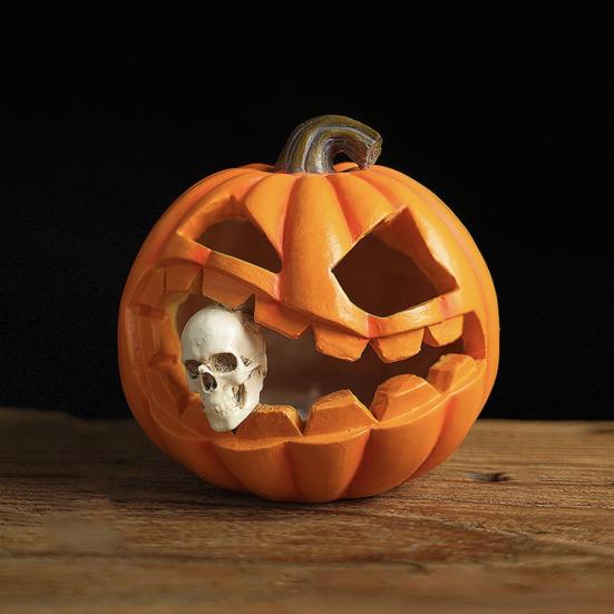 Скульптура тыквы на Хэллоуин со светом Жуткая фигурка тыквы с черепом Полимерное настольное украшение для декора дома и офиса