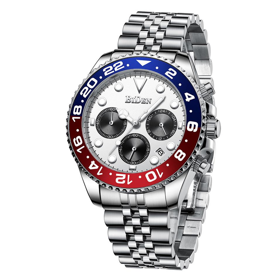 Luxury Top Brand Gold Watch Men Stainless Steel Butterfly Buckle Chronograph Watches Waterproof Male Business Dress BIDEN Clock