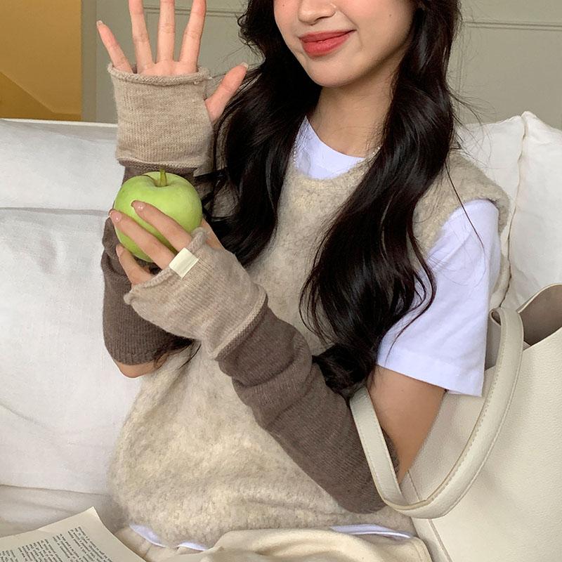 Imitation Wool Knitted Gloves For Women Winter Warm Arm Sleeves Touch Screen Mittens Separate Fingers Color Blocking Arm Cover