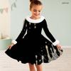 Girls Black Printed High Neck Long Sleeve A Line Flared Dress With White Fur Trim