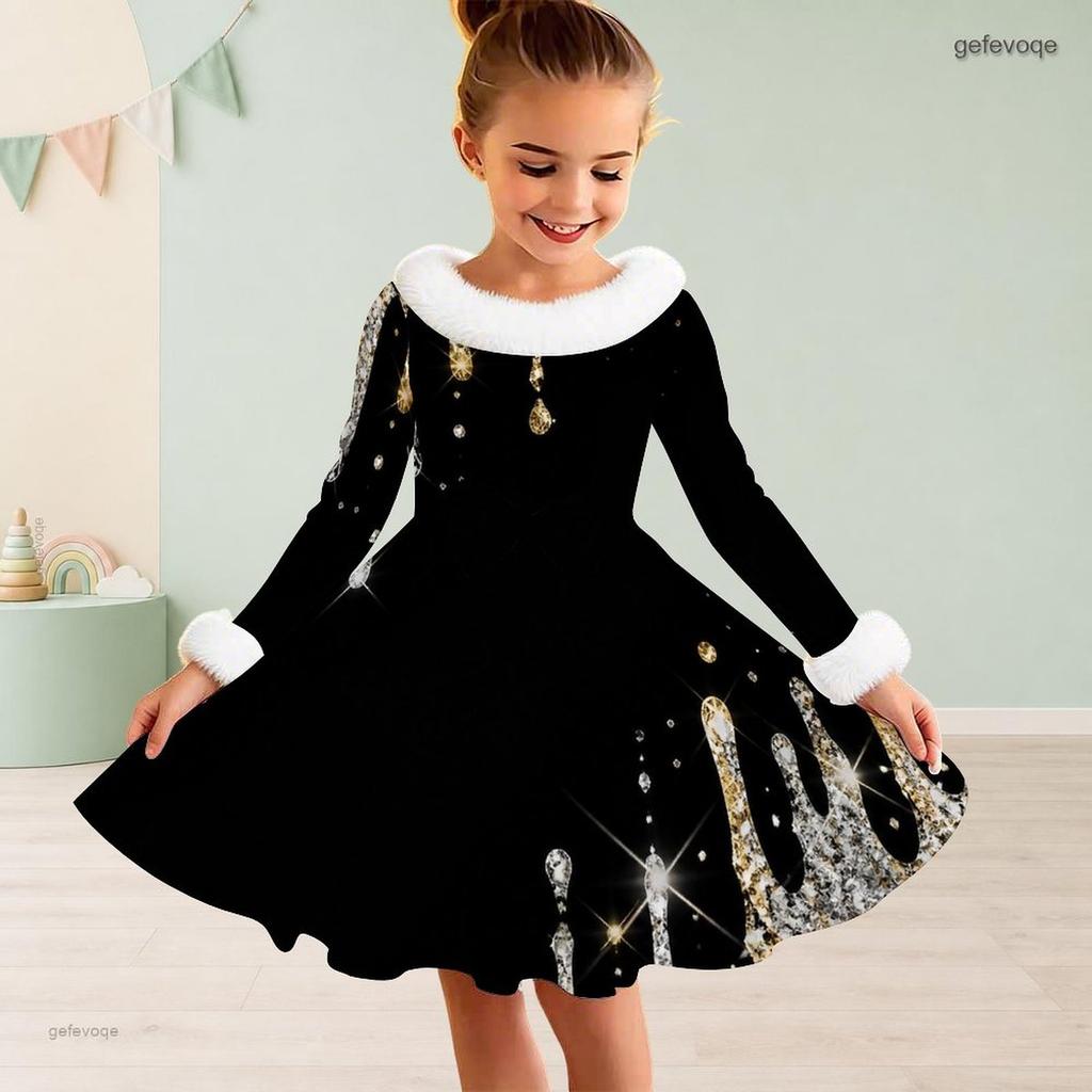 Girls Black Printed High Neck Long Sleeve A Line Flared Dress With White Fur Trim