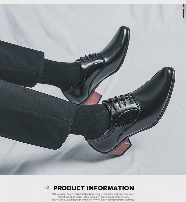 Мужские туфли на высоком каблуке с большим острым носком из кожи — корейско-британский стиль, повседневная деловая обувь, увеличивающая рост свадебная обувь