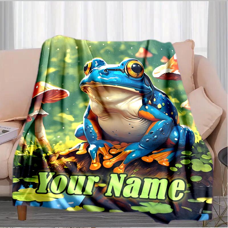 1PC Custom Name Frog Forest flannel blanket versatile,all-season throw suitable for the living room,bedroom,camping,travel,and gift