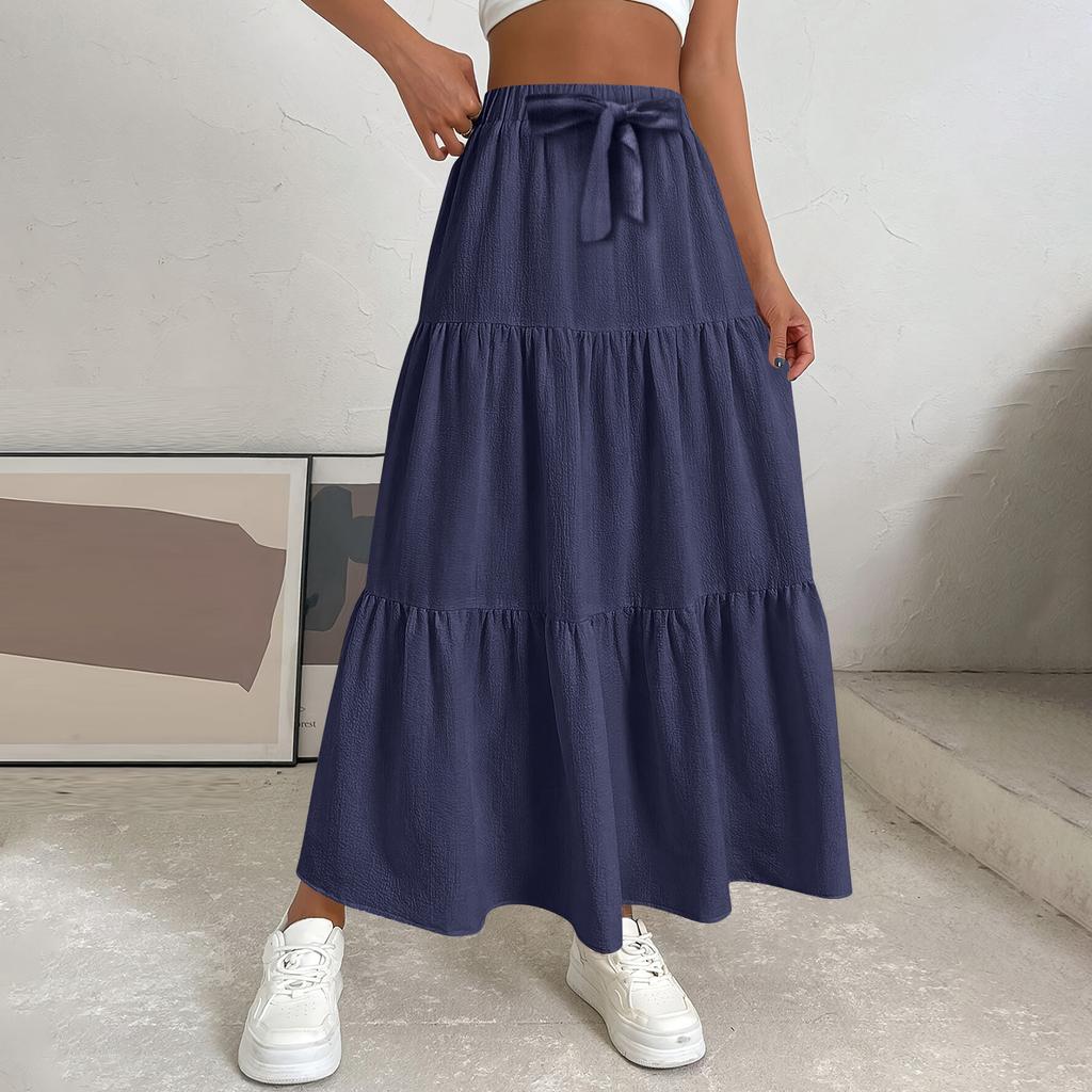 Women's Ruffled Spring Casual Long Skirt Plain Color Skirt Retro Pleated Skirt