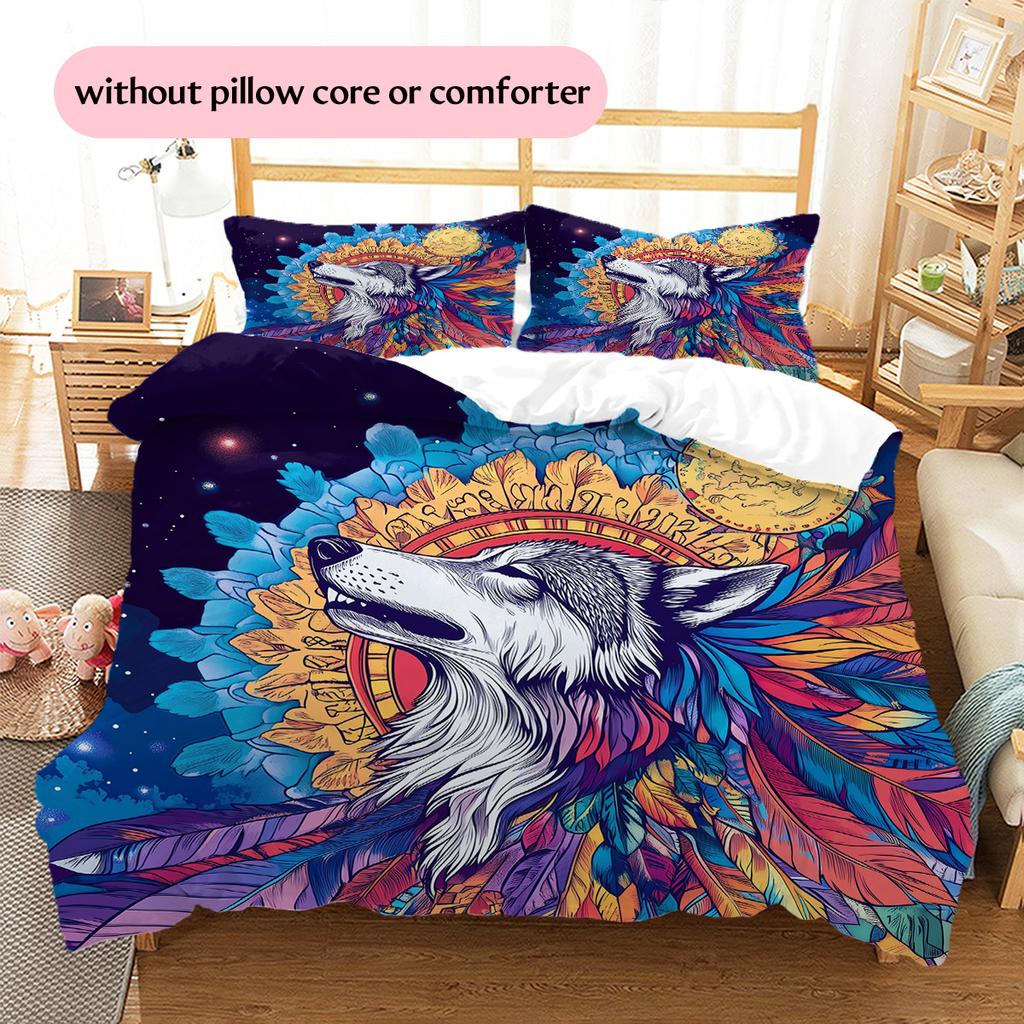 Colorful wolf Pattern Bedding Quilt Set Quilt Cover Pillowcase Home Decoration Gift (1 * duvet cover + 2 * pillowcase, without core)