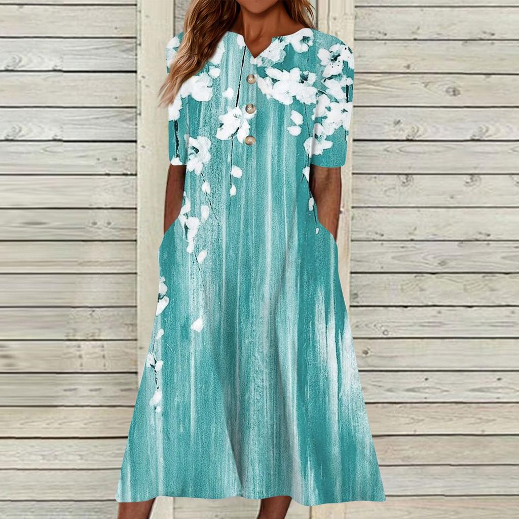 Women's Summer Casual Printed V-Neck Short-Sleeve Swing Dress