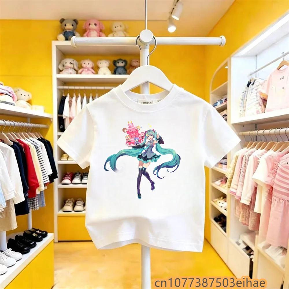 Hatsune Miku Anime Future Peripheral Cartoon Printed Pure Cotton COS Collaboration Casual Tshirt Leisure Wear for Boys Girls