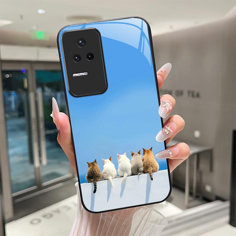 Красивые Цветы Милые Кошки Чехол Для Xiaomi Poco F4 5G / Redmi K40S Закаленное Стекло Чехол Для Телефона Защитная Задняя Крышка Жесткий Корпус