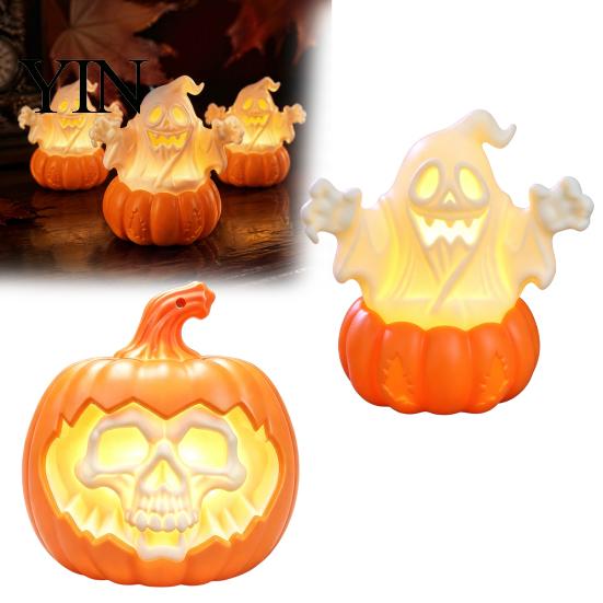 Halloween Party Supplies Pumpkin Light, LED Lighted Ghost Skull Lantern, Spooky Safe Flameless Candles Tabletop Decorative Lamp for Home Indoor