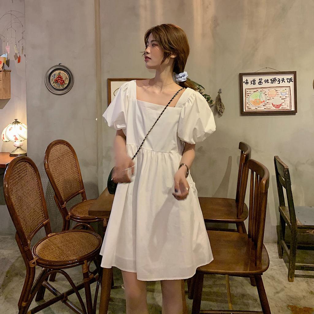 New Summer Korean Version Loose Short-sleeved Square Neck Dress Female Students Loose Internet Celebrity Foreign Style Thin Skirt