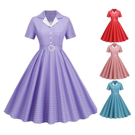 Женское вечернее платье в стиле ретро, ​​однобортное трапециевидное платье с большим отложным воротником, V-образным вырезом и клетчатым принтом, с высоким поясом и узкой талией, женское платье миди для выпускного вечера