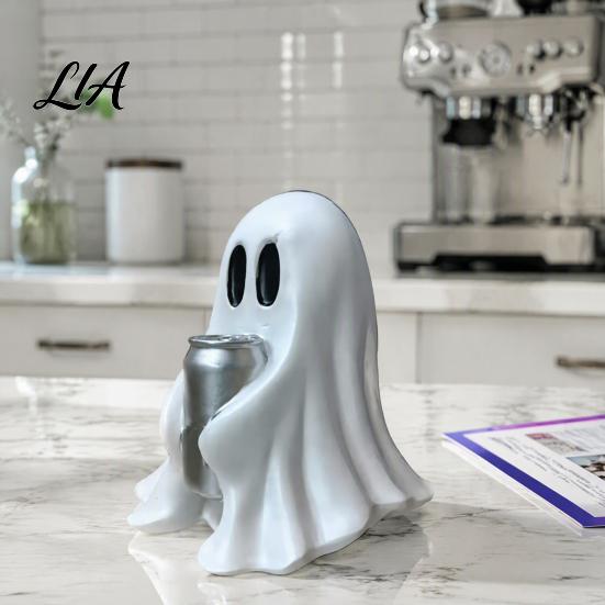 Creative Ghost Shaped Ornaments Halloween Figurine with Drinks, Resin Statue, Cute Spooky Desktop Ornament for Party Tabletop Decorations And Holiday