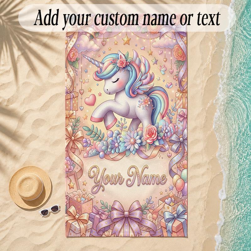 Unicorn Theme Soft Beach Towel Personalized Custom Name Text Towel Portable for Beach Pool Travel