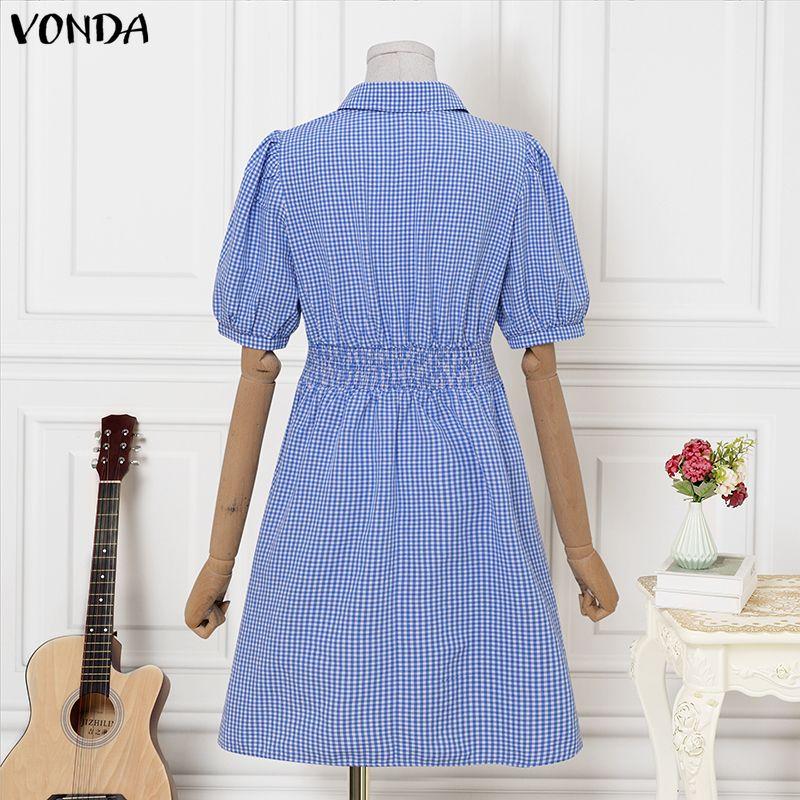 VONDA Летнее женское мини-платье в клетку с отложным воротником, коротким рукавом, эластичной спинкой, повседневное, с рюшами