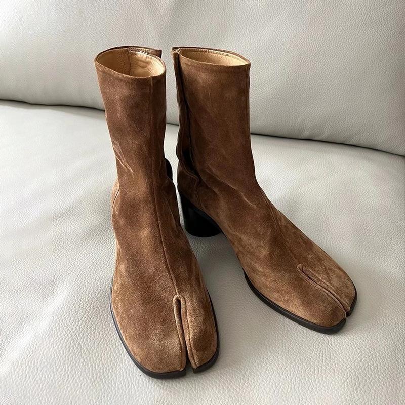 Cowhide~ New Niche Pig's Trotter Split-toe Boots Thick Heel Medium Tube Martin Boots Increase Height and Thin Versatile Thick High Heel Boots Women