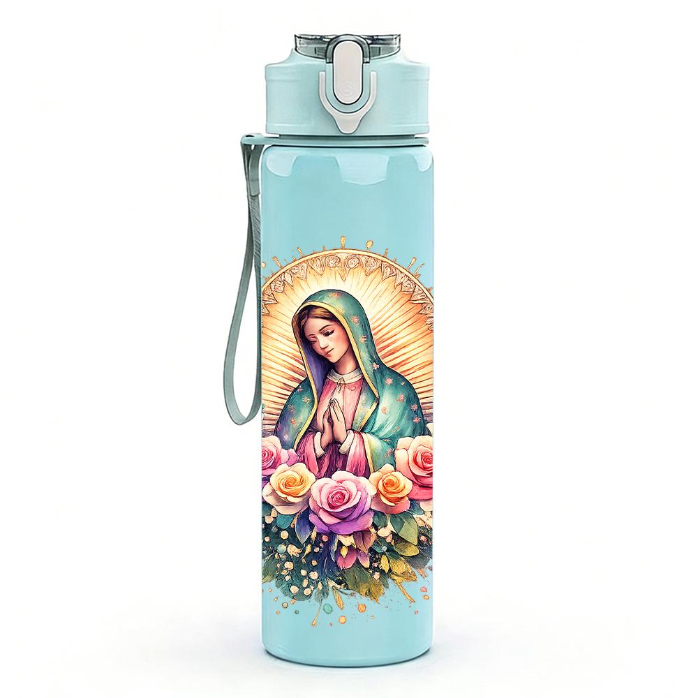 1PC Floral Round Wreath Virgin Mary 750ml Color Plastic Water Bottle Leakproof Flip Straw Lid For Sports Office Home Use