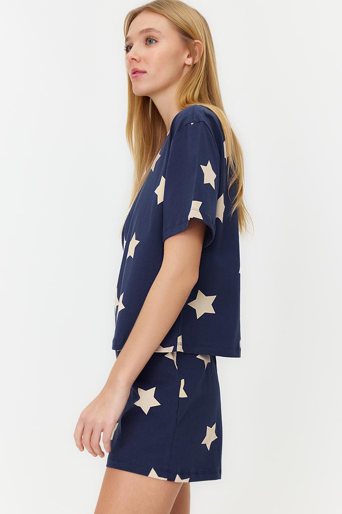 Women's Fashion New Pajama Set Light Pink 100% Cotton Star Patterned Tshirt-Shorts Knitted Pajama Set