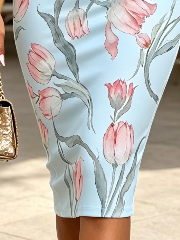 Summer Women's One Shoulder Midi Dress Tulip Floral Print Light Blue Bodycon Sundress