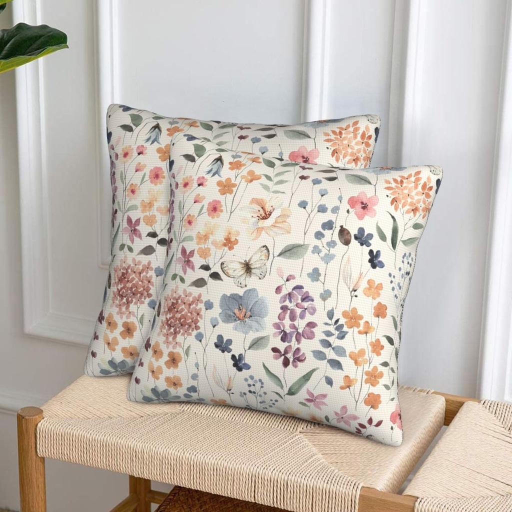 2 Pack Off White Multicolor Watercolor Floral Pillow Covers Double Sided Print Butterfly Cushion Cases Home Decor For Sofa