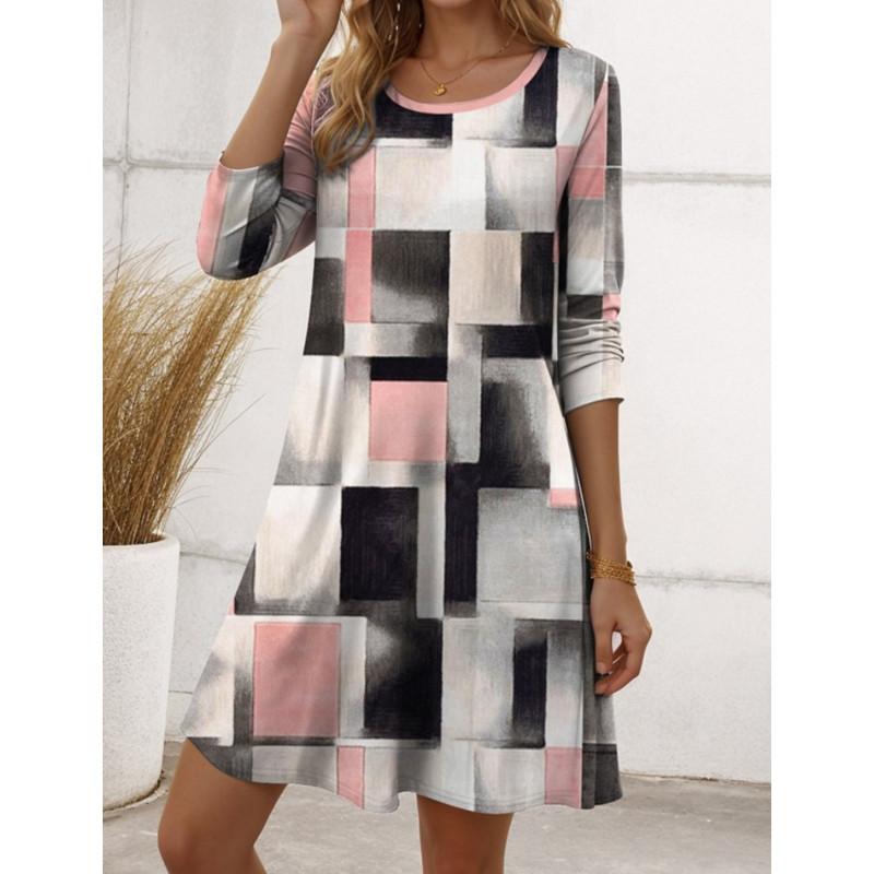 Женские платья Весенне-осеннее повседневное свободное разноцветное платье с длинным рукавом и круглым вырезом с принтом