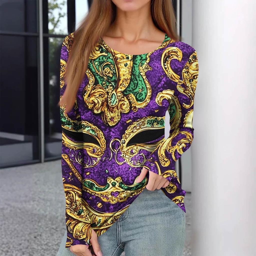 Женская зимняя приталенная футболка Модная повседневная с принтом, с круглым вырезом, пуловер, топ с длинным рукавом