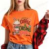 Fueled By Coffee and Christmas Cheer Design Women's T-Shirts Preppy Holiday Shirts Festive Shirt Graphic T-Shirts Xmas-Party Top