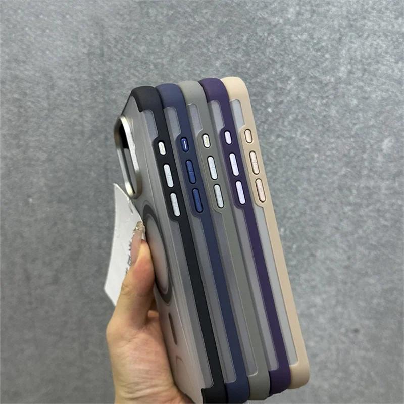 Матовый магнитный чехол для телефона с беспроводной зарядкой для iPhone 16 Plus 15 Pro Max с металлической защитой линз PU+TPU противоударный чехол