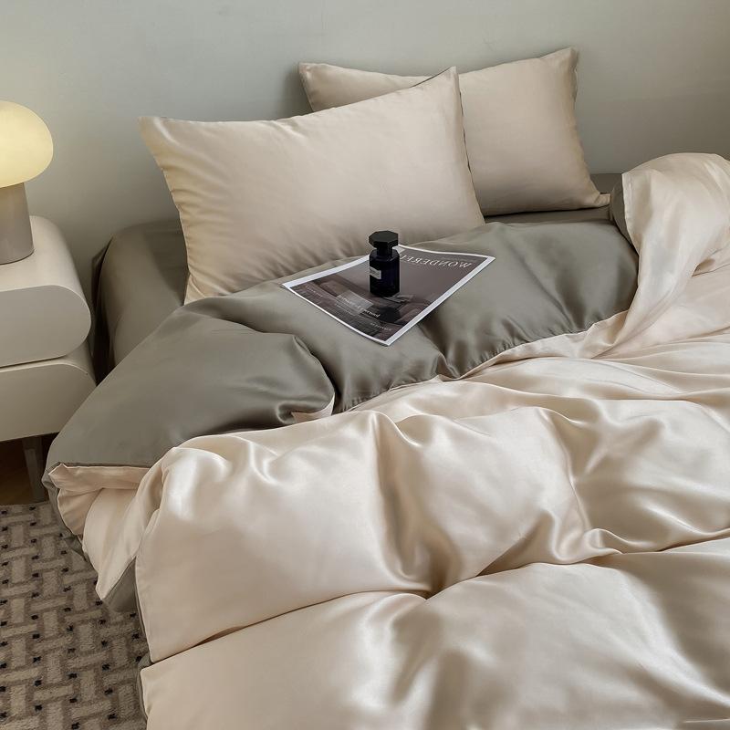 Летний однотонный комплект из четырех предметов из ледяного шелка, прохладный на ощупь, простыня, пододеяльник, комплект постельного белья из трех предметов для общежития, удобное постельное белье
