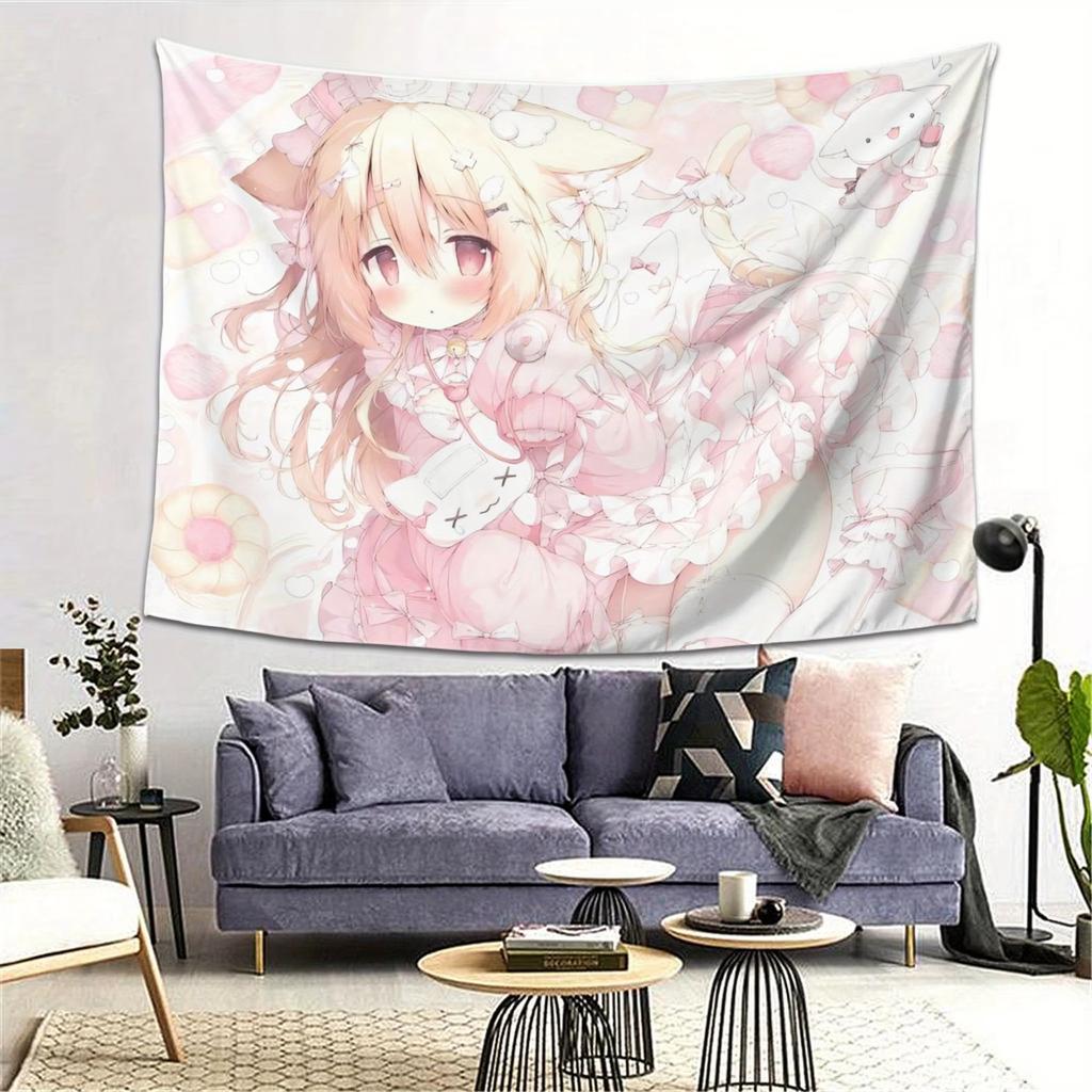 VIKAMA Cute Cat Ear Girl Gaming Tapestry Pink Dress Girl Game Theme Living Room Sofa Background Wall Room Decoration