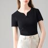 Short-sleeved T-shirt Women's New Popular High-end Black Cotton T-shirt Buckled New Chinese V-neck Top