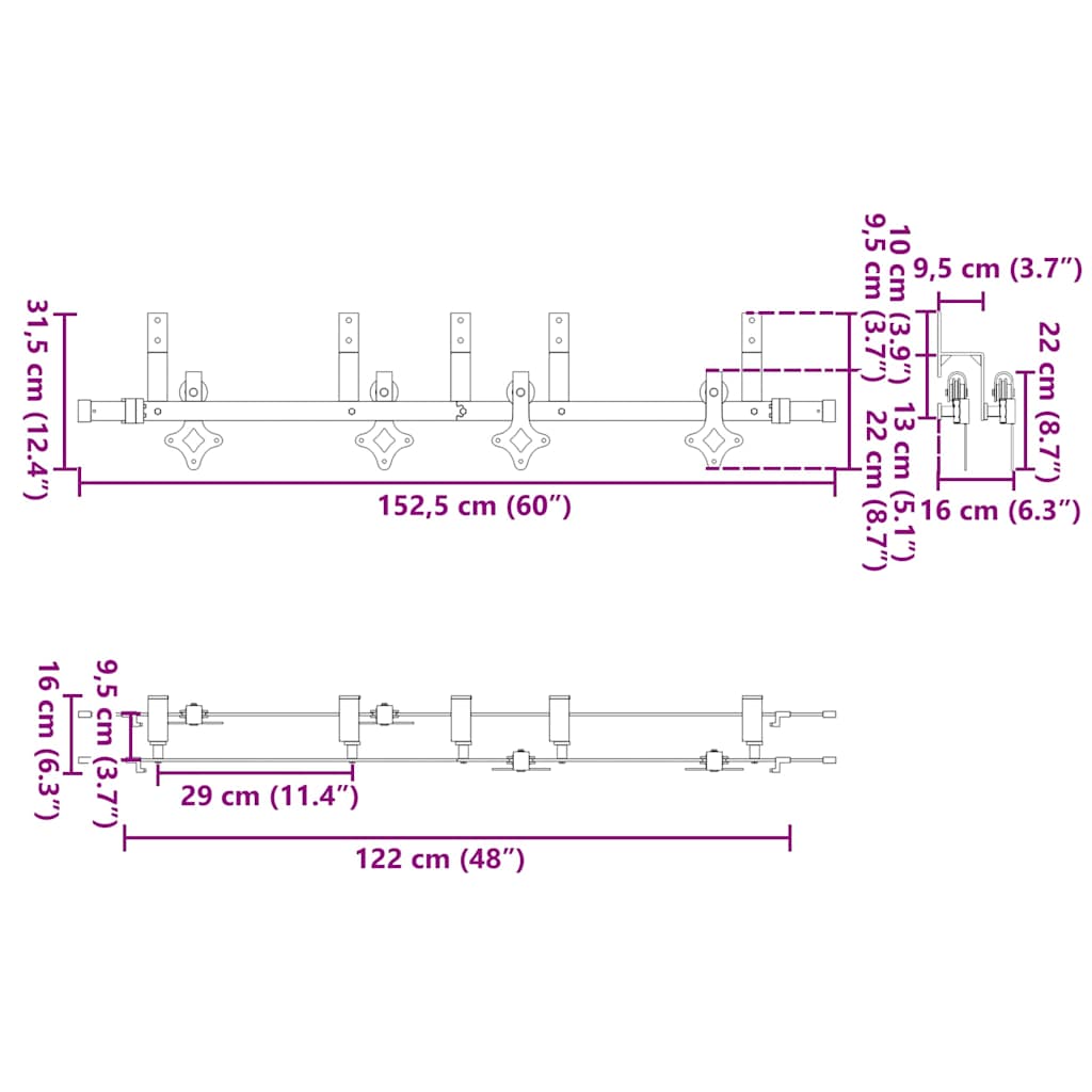 Sliding Door Hardware Set 152.5 cm Steel Black